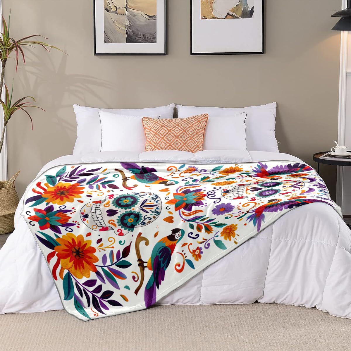 YWZDS Sugar Skull Fleece Blanket, Day of The Dead Design with Parrots and Flowers, Colorful Mexican Folk Art Theme, Halloween Blankets Fuzzy Gifts for Sofa Couch Bedroom (30 x 40 inch)