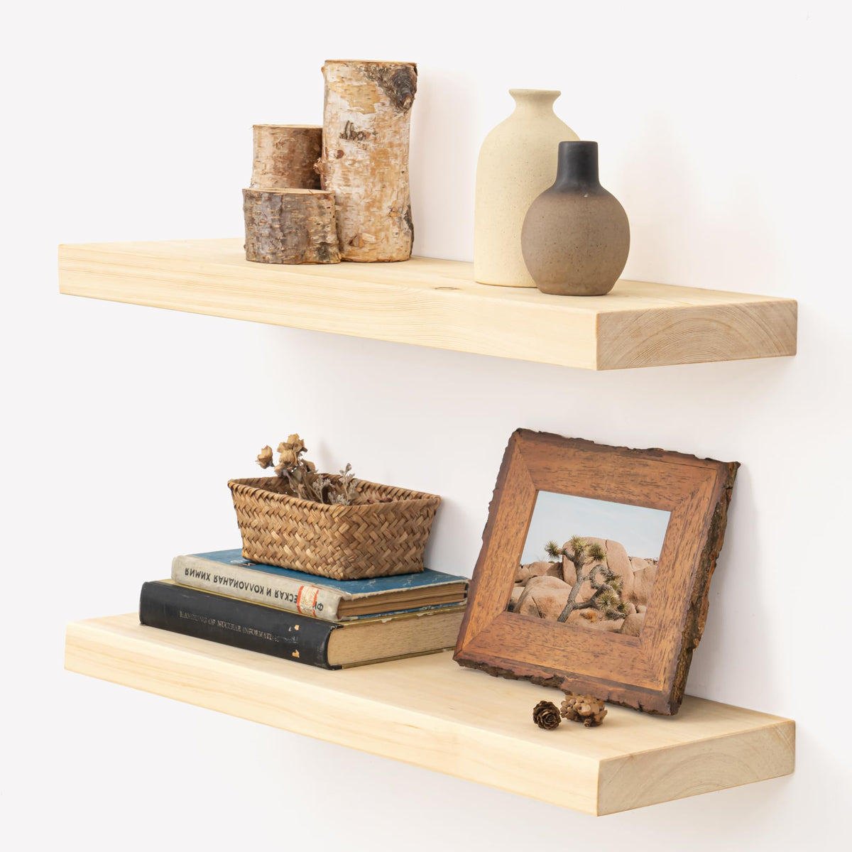 Marsmiles Natural Floating Shelves for Wall - 24 Inch Unfinished Wooden Floating Shelves Set of 2-24 Inch Wide x 7.7 Inch Deep x 1.6 Inch Thick Natural Wood Shelves for Room Wall