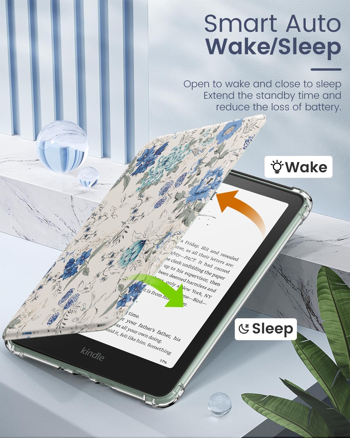 MoKo Case for All-new 7" Kindle Paperwhite 12th Gen 2024&Kindle Colorsoft Signature Edition 2024,Ultra Clear Soft Flexible Transparent TPU Back Cover Light Shell with Auto Wake/Sleep,White Blue Floral