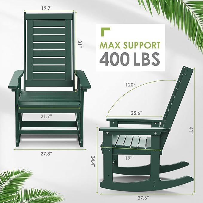 GREENVINES Outdoor Rocking Chair Set | 3-Piece | 2 Rocking Chairs with 1 Side Table | Porch Rocker | HDPE Plastic | Forest | Patio Furniture Sets | High Back | Big & Tall | Ladder Back