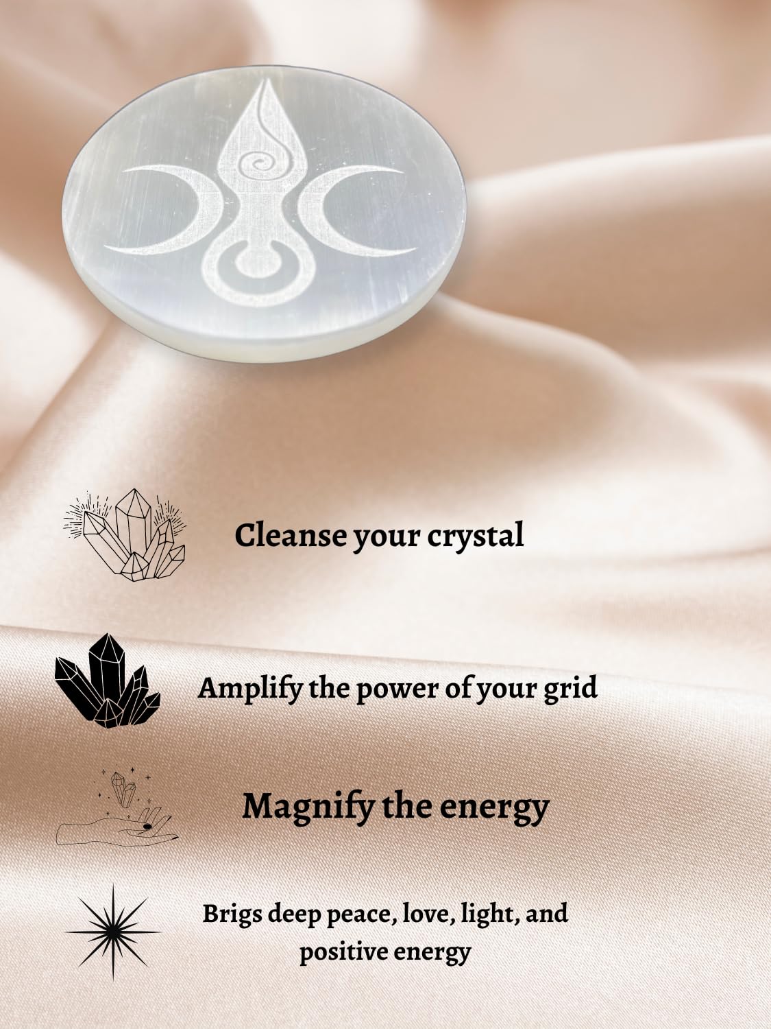Selenite Crystal Charging Plate for Crystals and Healing Stones, 4" Selenite Crystal Plate Engraved Goddess Moon Coaster for Home Office Table Decor