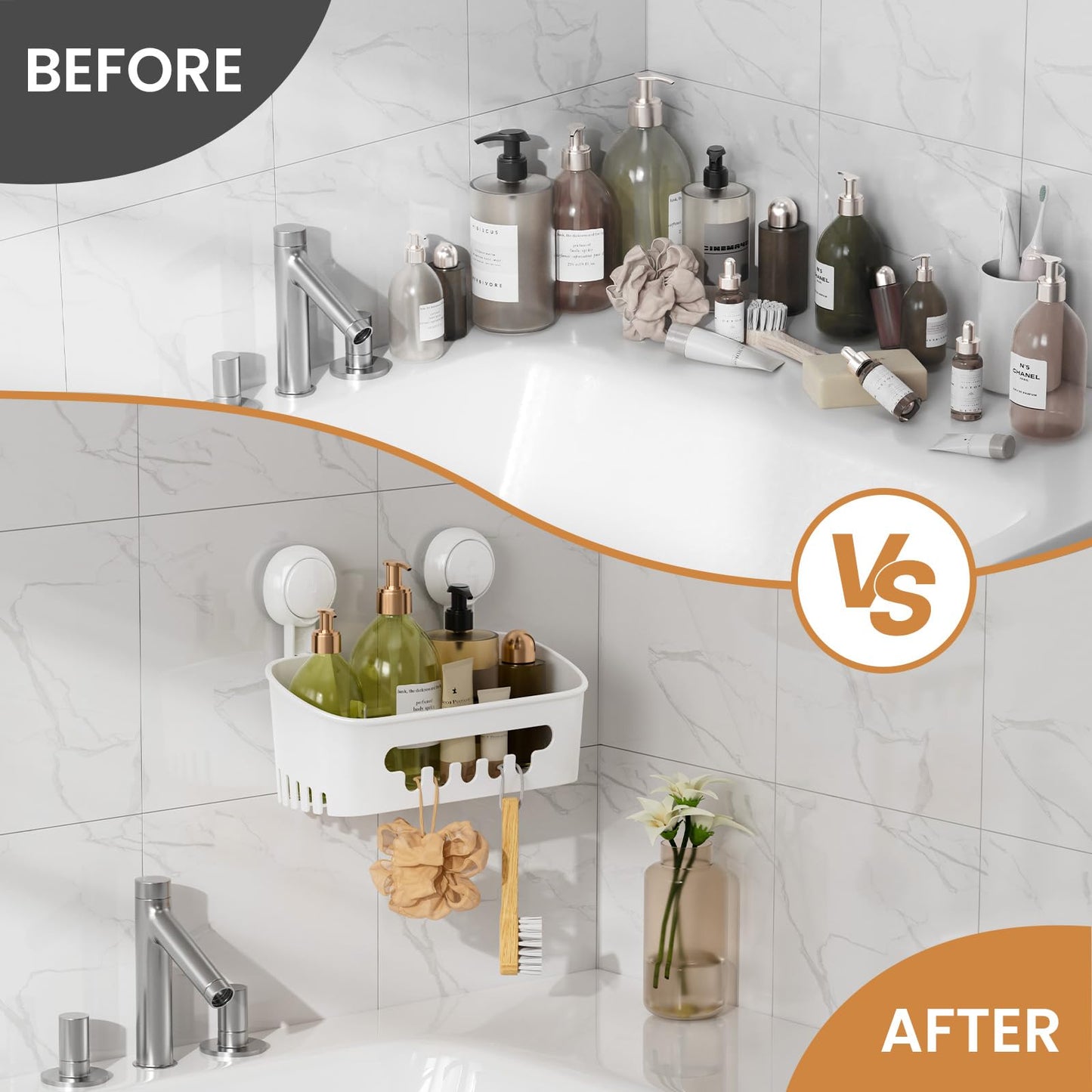 LEVERLOC Shower Caddy Suction Bathroom Storage Shelf Suction Shower Caddy Storage No Drilling Shampoo Holder Removable Powerful Bathroom for Shampoo Toiletries Kitchen Accessories，White