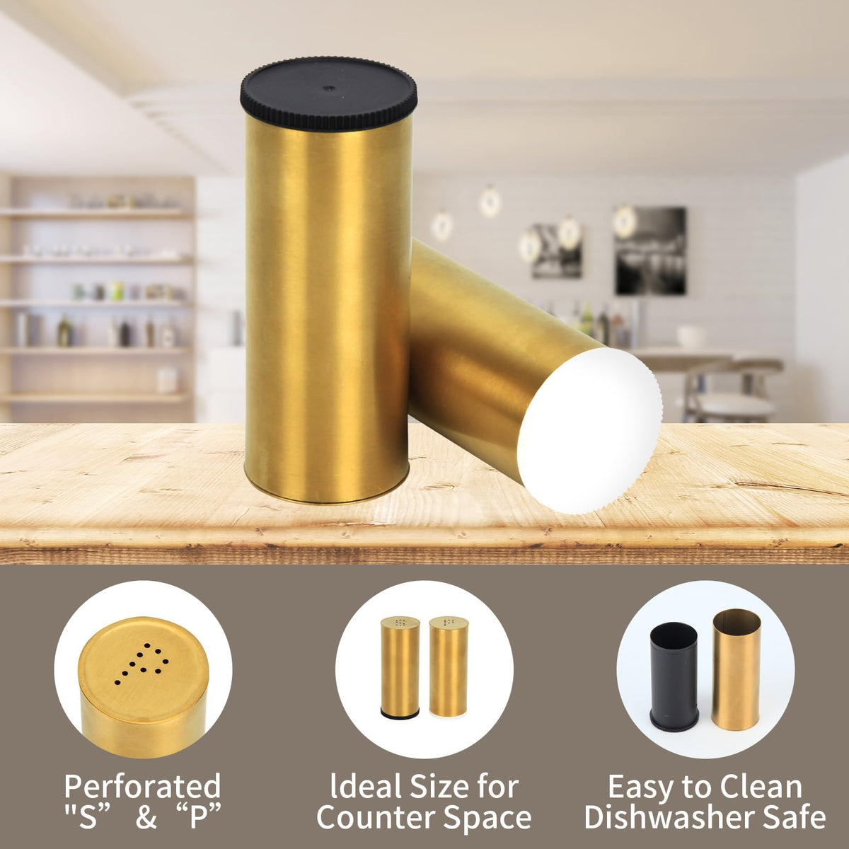 Snailhouse Salt and Pepper Shakers Set, 2 Pack Stainless Steel Modern Farmhouse Decor for Kitchen, Camp, BBQ, RV, Gold