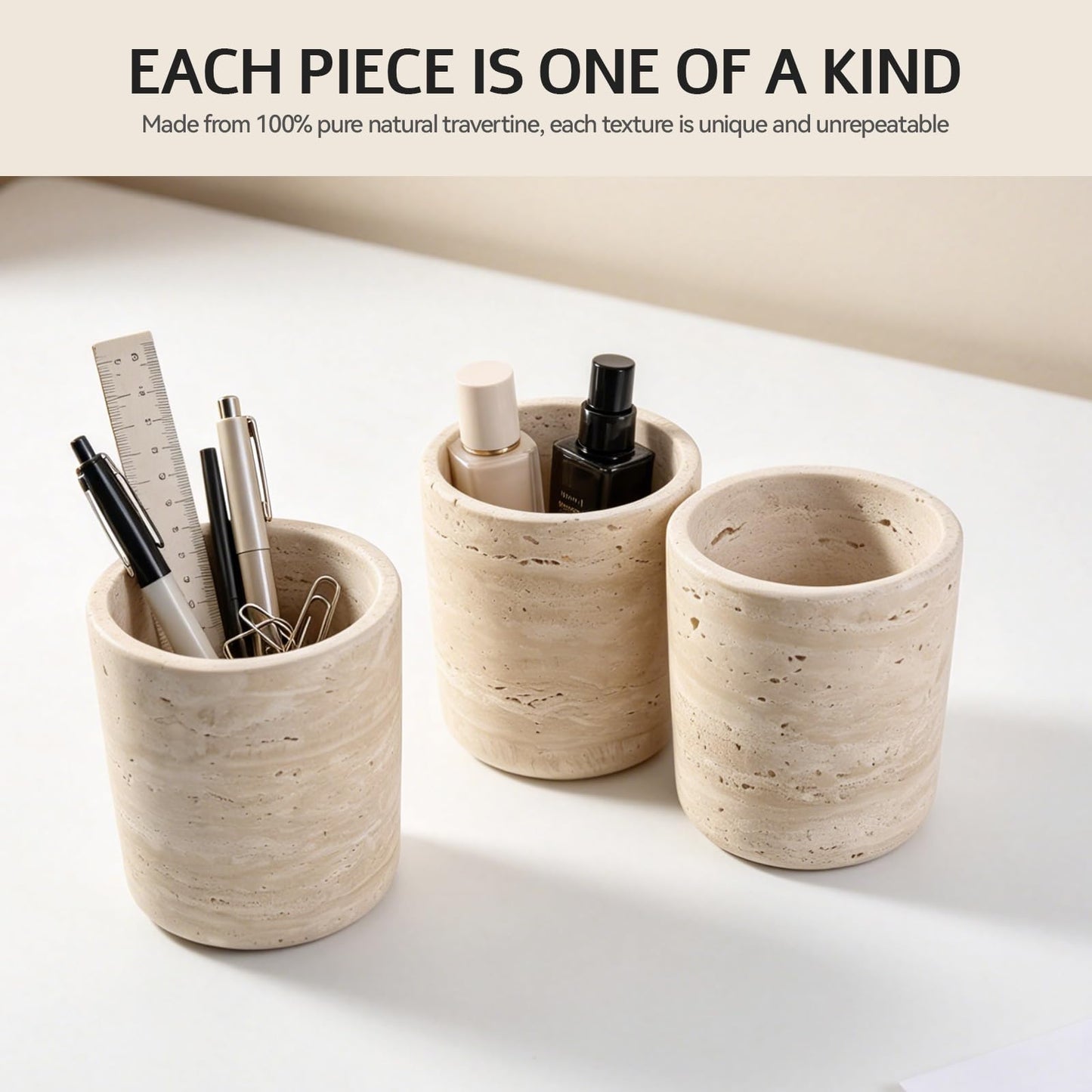 Erongoo Travertine Pen Holder, Natural Travertine Toothbrush Holder Pencil Cup Organizer for Desk,Premium True Marble Desk Accessories for Home Office,Bathroom and Kitchen