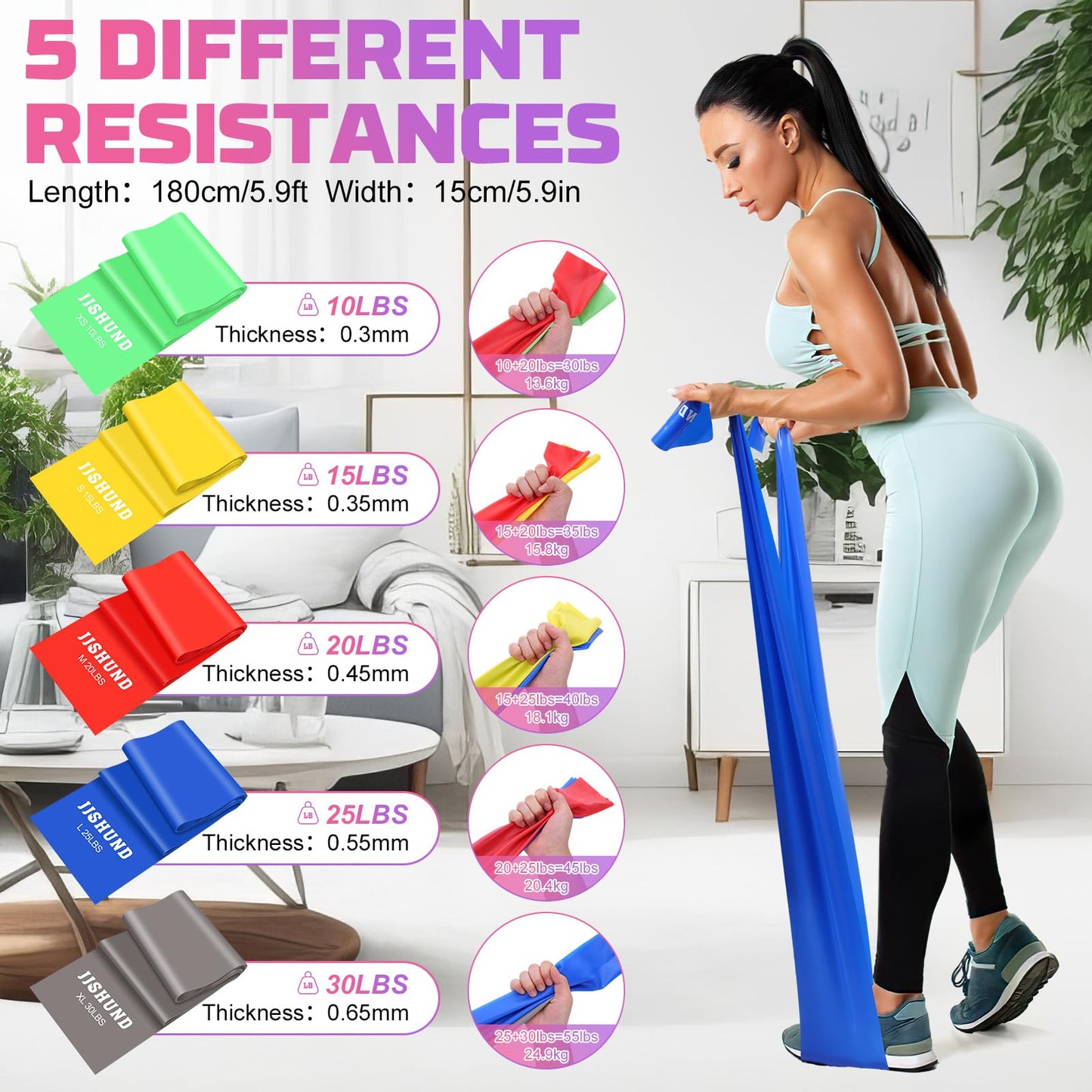 Resistance Band Set, 1.8 M Exercise Bands with 5 Resistance Levels, Long Stretch Bands for Men & Women, Workout Resistance Bands for Yoga Gym Pilates Fitness Strength Training Muscle Building
