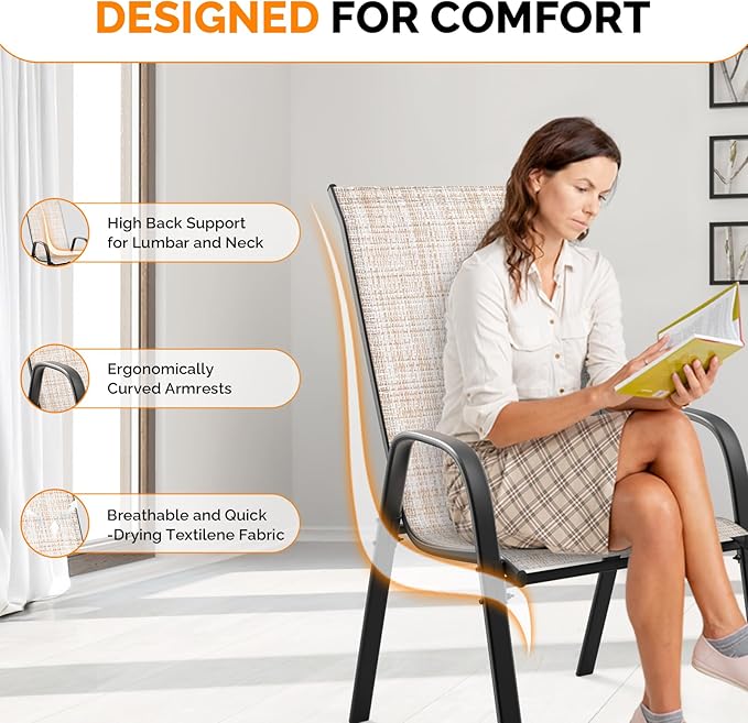 VINGLI Patio Chairs Set of 8 – Stackable Outdoor Dining Chairs with Comfortable Sling High Back Chairs and Armrests for Lawn, Poolside, Courtyard, Balcony, Garden, Yellow