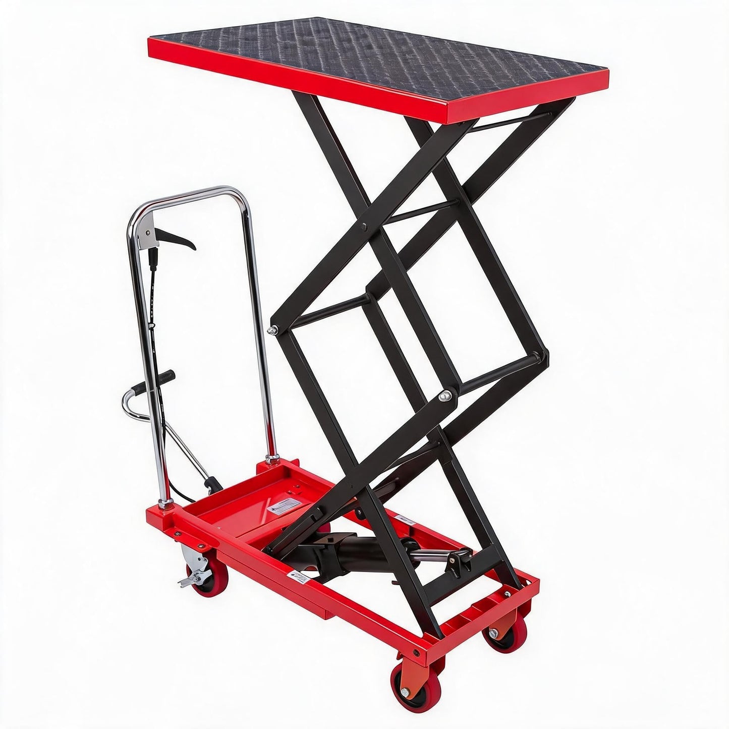 Hydraulic Double Scissor Lift Table Cart, 330 LBS Load Capacity, 50" Adjustable Height, Non-Slip Platform & 4 Universal Wheels, Heavy Duty Lift Table for Material Handling, Red