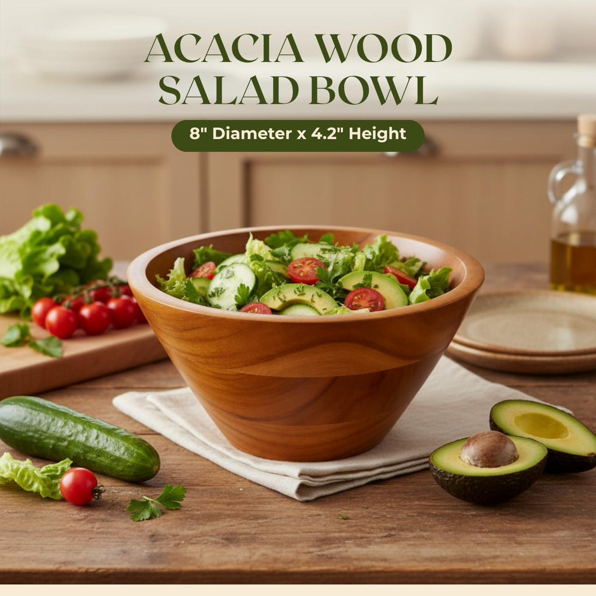 Aurah Acacia Wood Salad Bowl, 8" Diameter x 4.2" Height – Small Wooden Mixing & Serving Bowls for Salad, Pasta and Fruits – Kitchen & Outdoor Dining - Capacity 2.3 Quarts