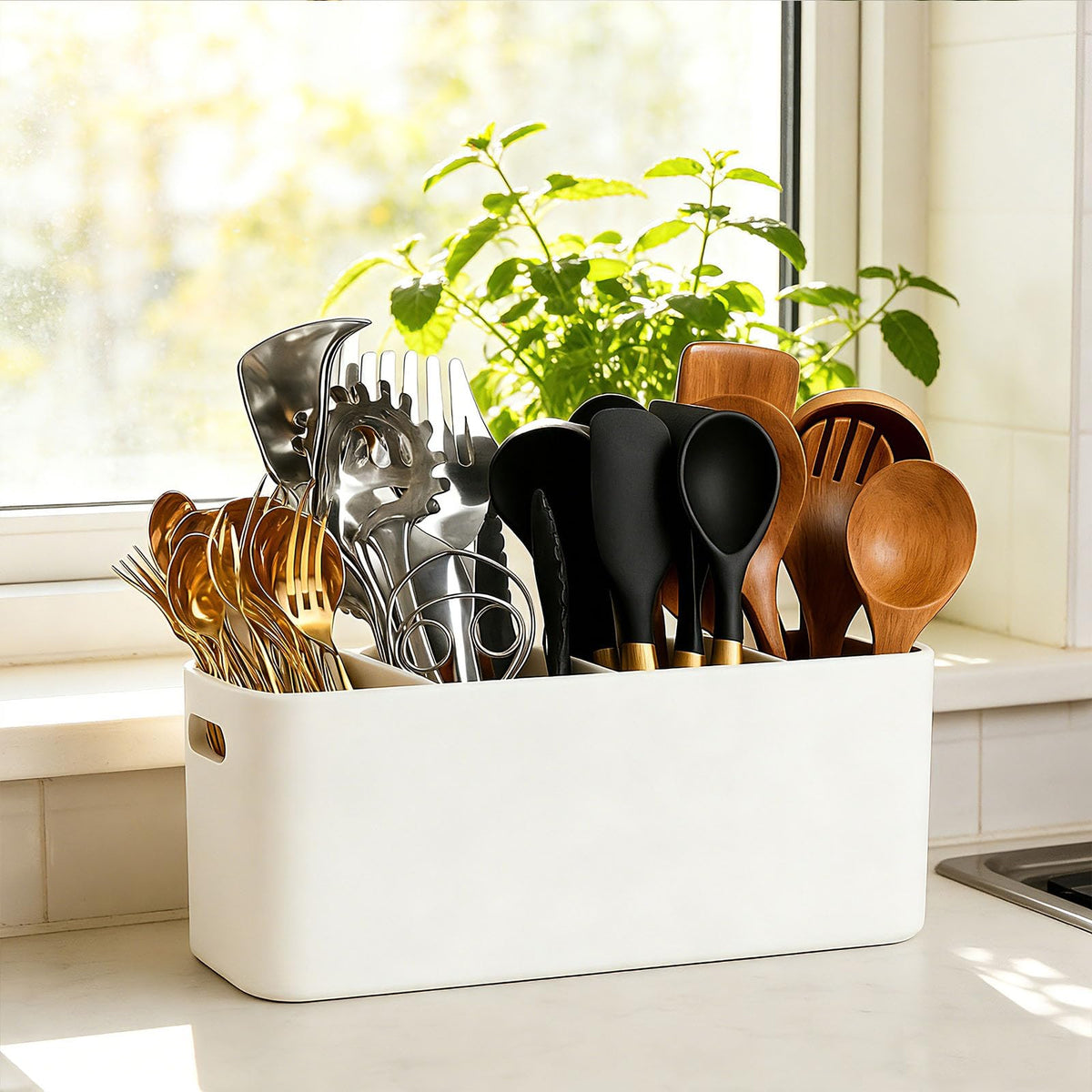 White Wooden Utensil Holder for Counter or Countertop - Extra Large 4 Compartment Wood Utensil Organizer, Painted Spatula Holder, Silverware Crock, Kitchen Utensil Storage