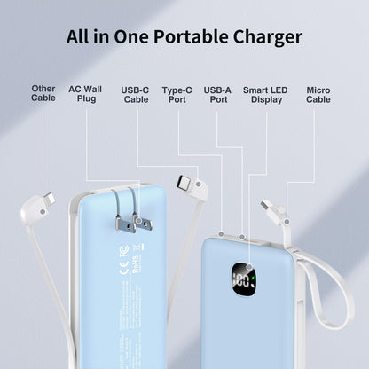 Portable Charger with Built-in Cables&AC Wall Plug,Slim 10000mAh 22.5W Fast Charging Power Bank,5 Output 2 Input USB-C External Battery Pack Compatible with iPhones,Samsung,Android, etc
