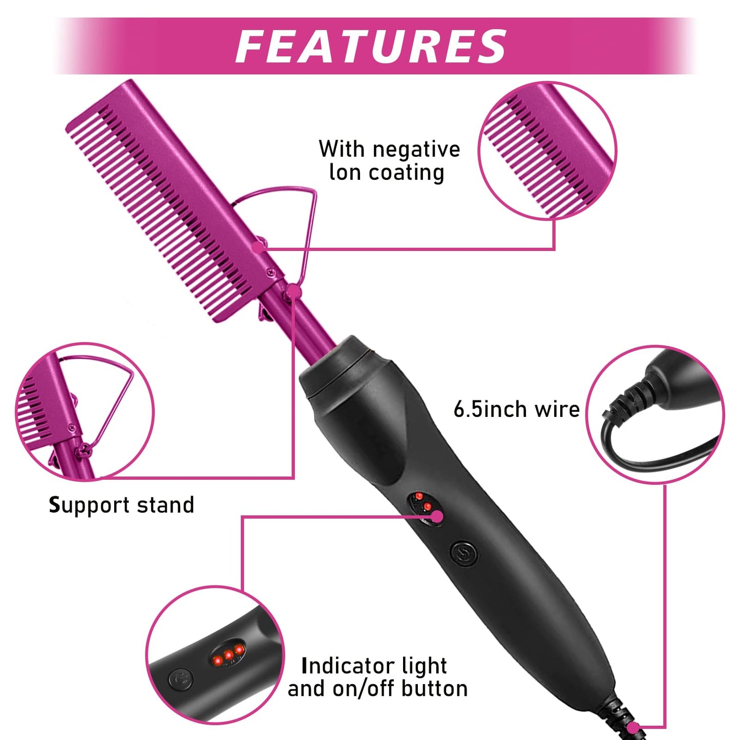 Goiple Electric Hot Comb Pink Hair Straightener Electrical Straightening Comb Curling Iron for Natural Black Hair Wigs with Wide Tooth/Rat Tail Comb, Wax Stick, Wig Cap, Edge Band, Hair Clips