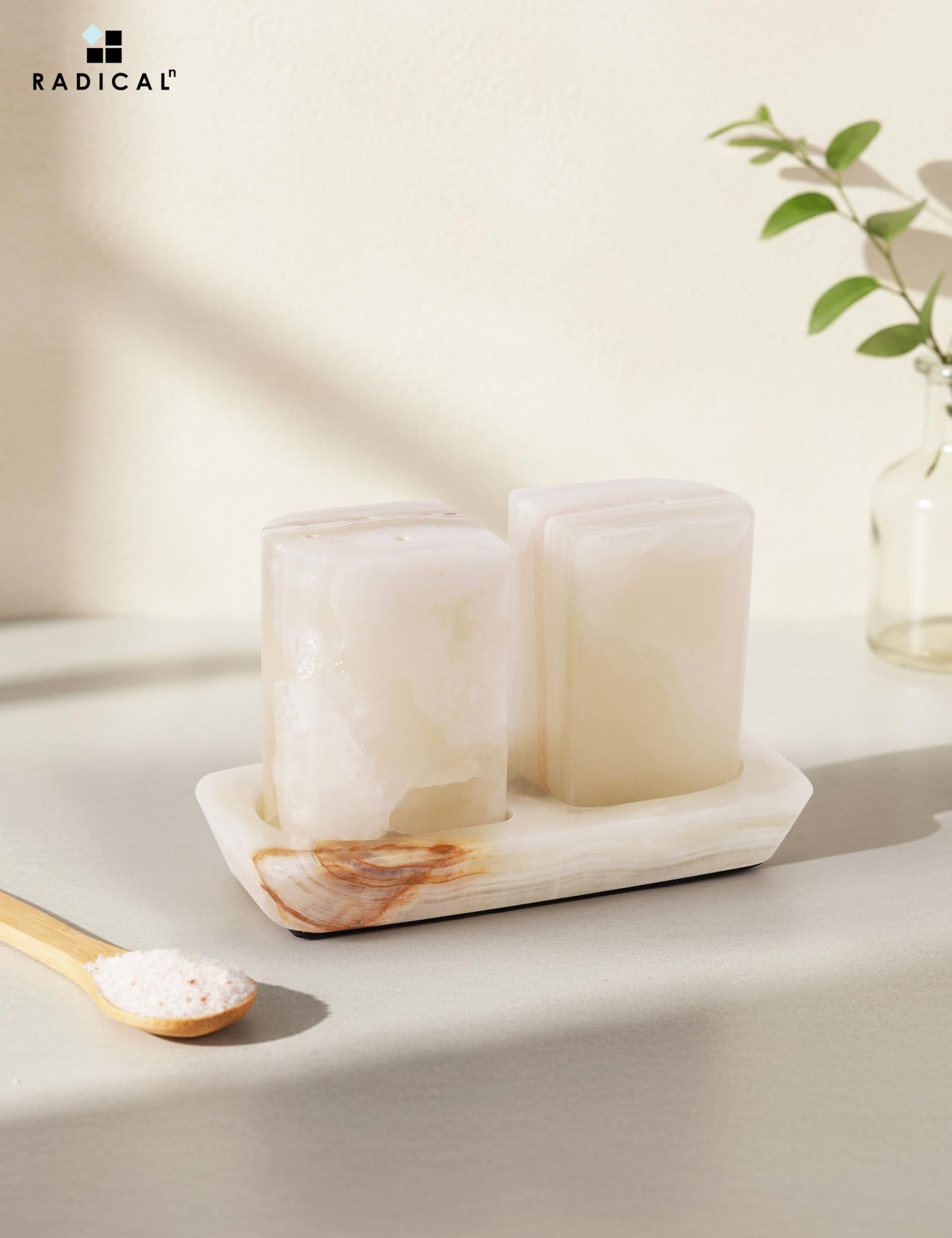 Radicaln Marble Salt & Pepper Shakers 2.5" White Onyx Modern Kitchen Essentials for Cooking and Dining, Stone Spice Holder & Saleros for Black Pepper, Pink Salt, Home & Farmhouse Decor