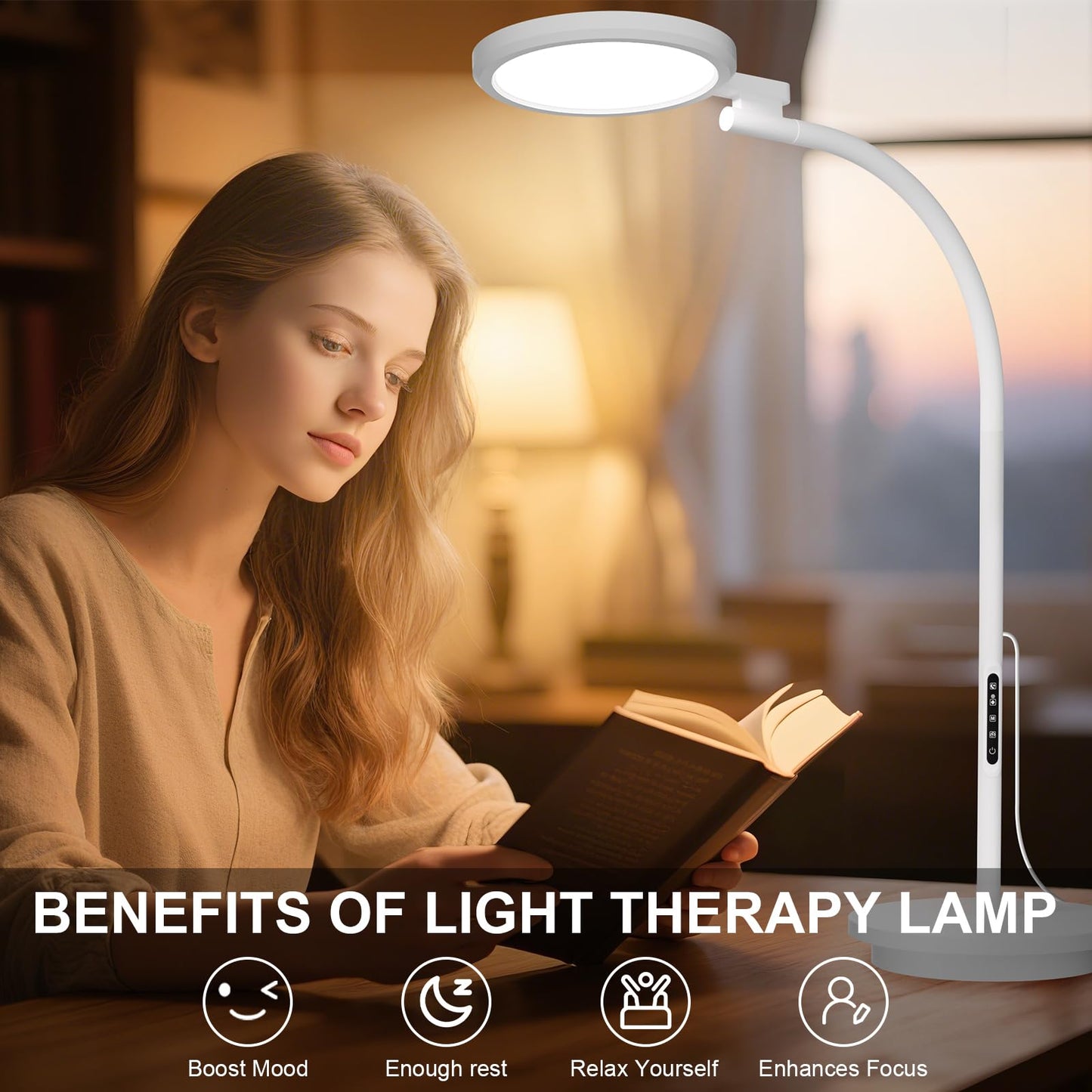 Light Therapy Lamp, 10000 Lux Floor Happy Therapy Light, UV-Free Sun Lamp with 5 Brightness & 5 Color Temperatures, 3 Heights for Apartment/Office/Home