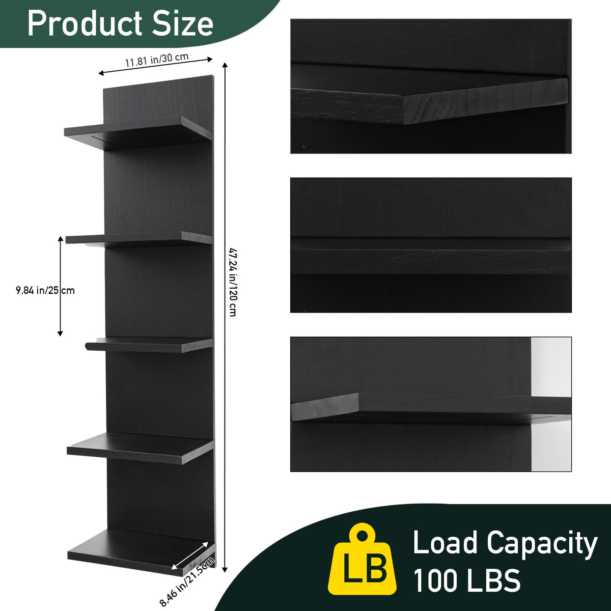 NIUBEST Wooden 5 Tier Wall Shelf,Vertical Column Floating Storage Home Decor Organizer,Floating Shelf Wall Decor Shelves for Bedroom, Living Room,Vanity(Black)