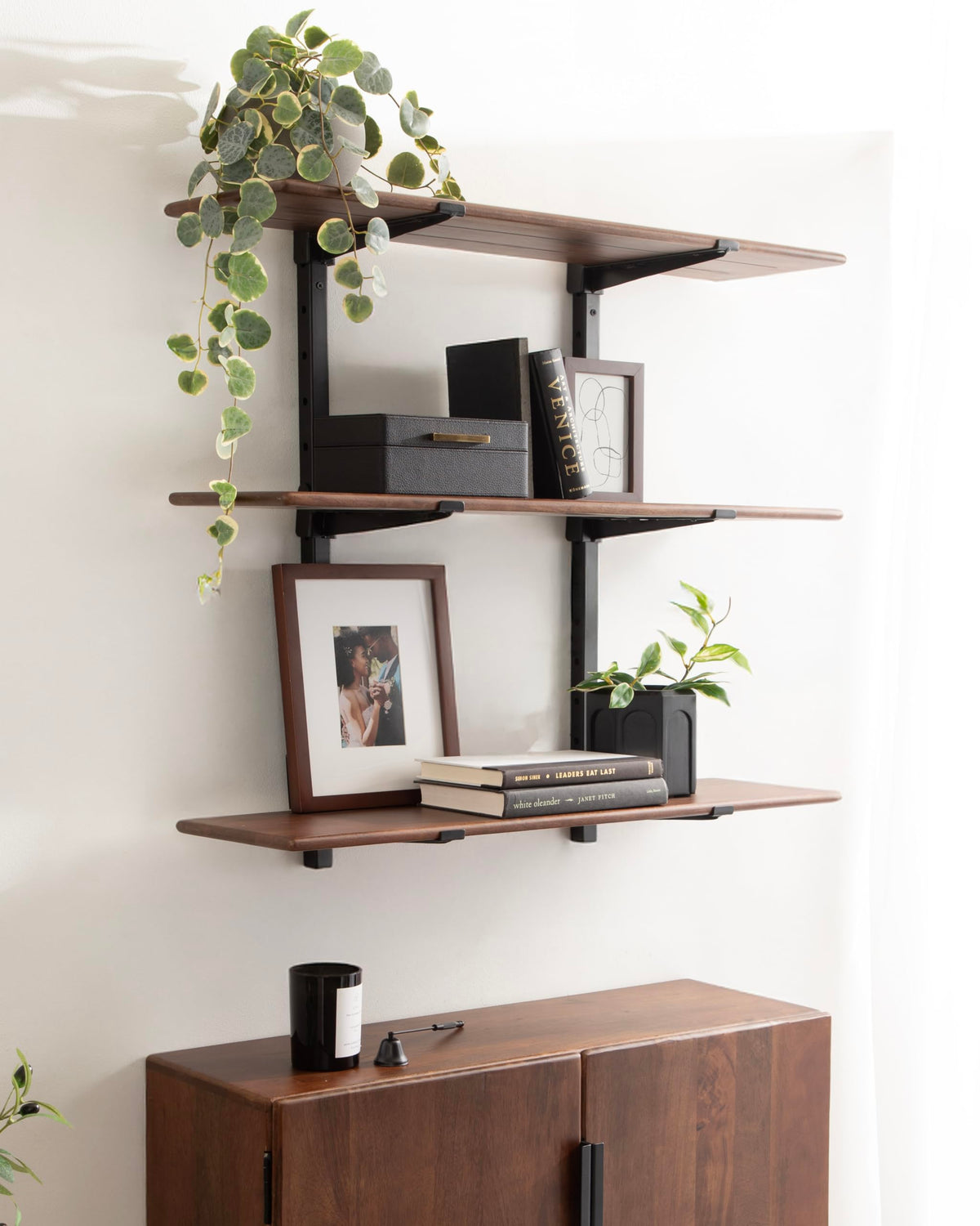 Kate and Laurel Atwood Three-Tiered Adjustable Mango Wood Wall Shelf, 32 x 10 x 30, Walnut Brown and Black, Modular Shelving Unit and Wall Organizer for Entryway Storage or Living Room Display Shelves