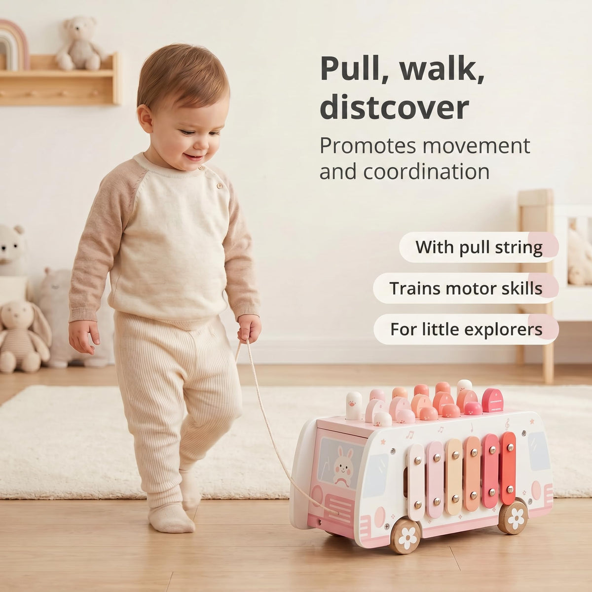 Thirrni 5-in-1 Wooden Montessori Toy for Toddlers 1-3, Pounding, Xylophone, Magnetic Fishing, Gear and Push Car Activity Toy for Learning and Fine Motor Skills