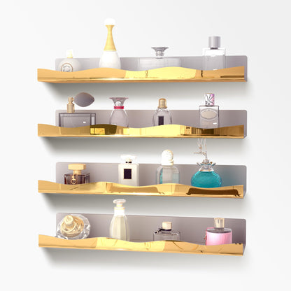 YMVV 15.7 in Large Golden Reflective Acrylic Mounted Floating Shelf, Perfume Organizer Shelf, Modern Bathroom Storage Toy Display Organizer Decor 4 Pack