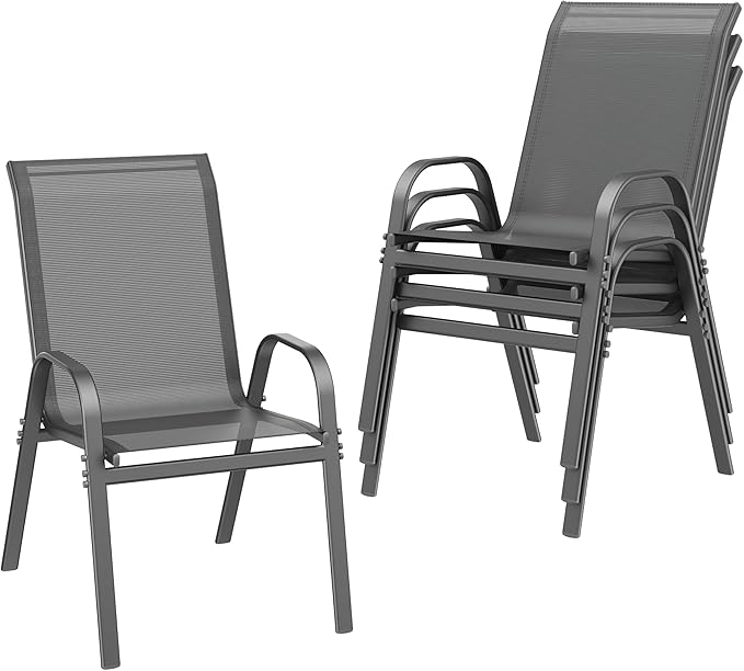ONBRILL Patio Chairs set of 4, Easy Assembly Stackable Outdoor Dining Chairs with Wide Seat and Sturdy Metal Frame, Breathable All Weather Textilene Outdoor Chairs Set of 4 for Deck, Pool, Porch, Grey