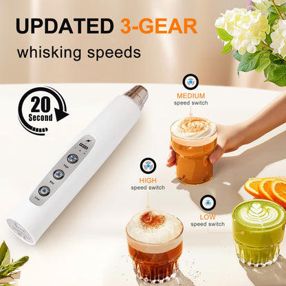 YUSWKO Black Handheld Milk Frother Wand for Coffee, Rechargeable Electric Whisk with 3 Heads 3 Speeds Drink Mixer Coffee Frother For Latte, Cappuccino, Hot Chocolate, Egg