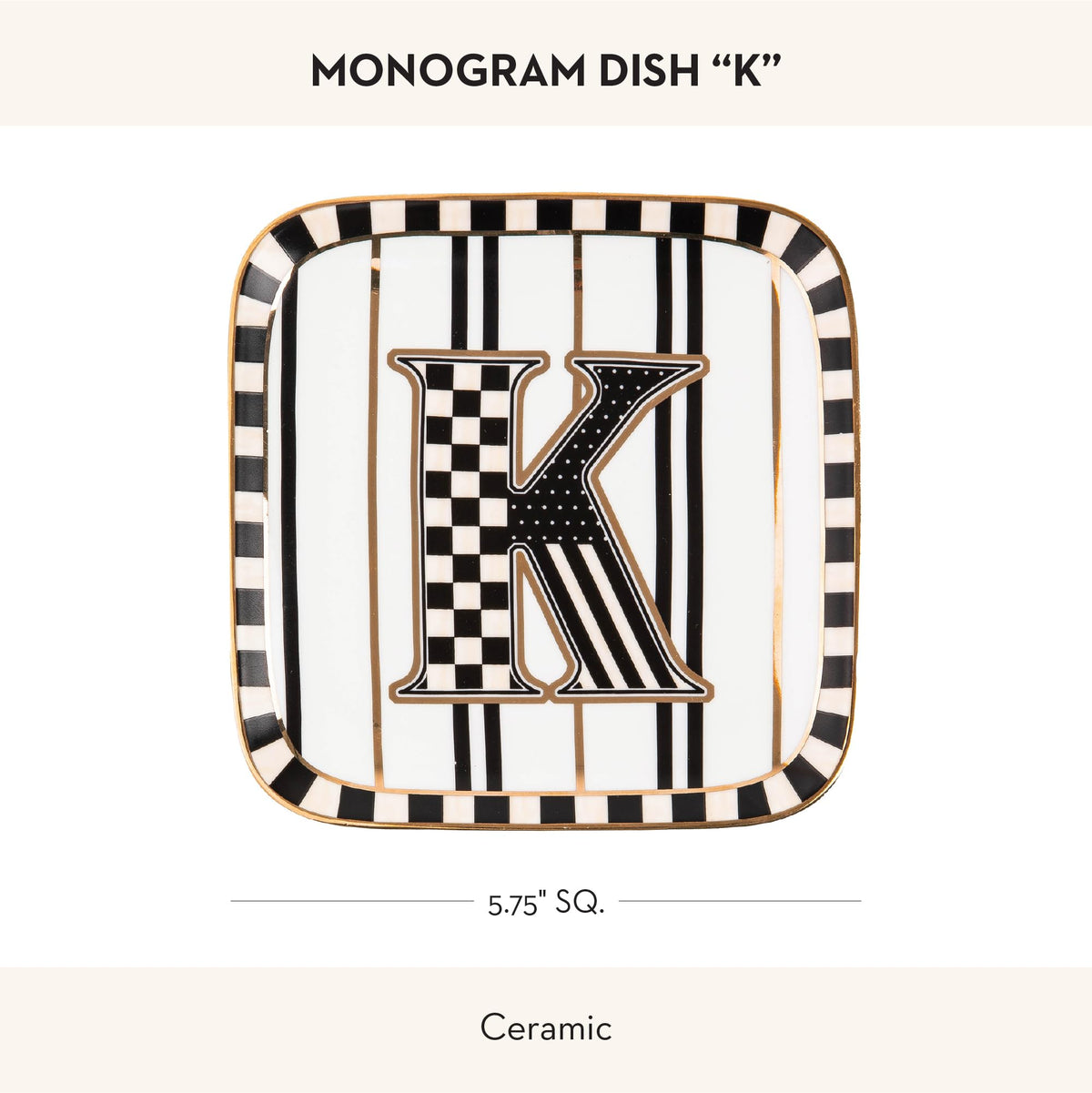MACKENZIE-CHILDS Ceramic Monogram Dish, Decorative Letter Plate, 5.75 Inches, K
