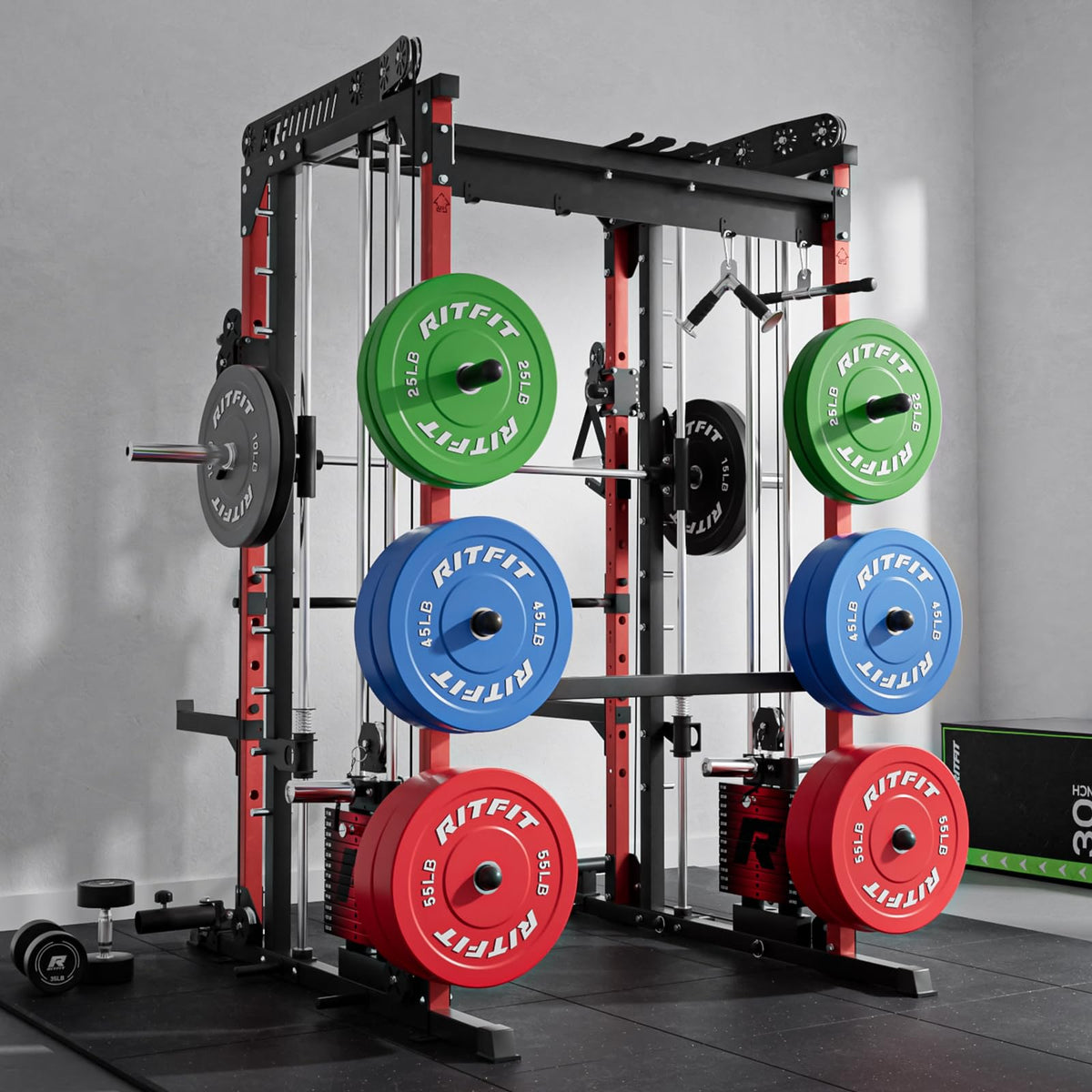 RitFit M1 Pro Smith Machine Package, All-in-One Power Cage with Weight Stack Set, Includes LAT Pulldown & Cable Crossover System for Home Gym