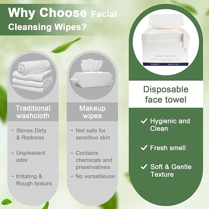 Face Towels Disposable, 12” x 10” Biobased Facial Towelettes, Large Soft &
