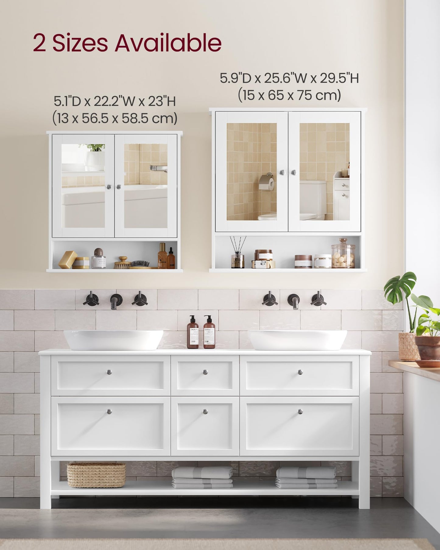 VASAGLE Bathroom Cabinet with Mirror, Wall Cabinet with 2 Mirrored Doors and Open Compartment, Adjustable Shelf, Wall-Mounted, 13 x 56.5 x 58.5 cm, White LHC002