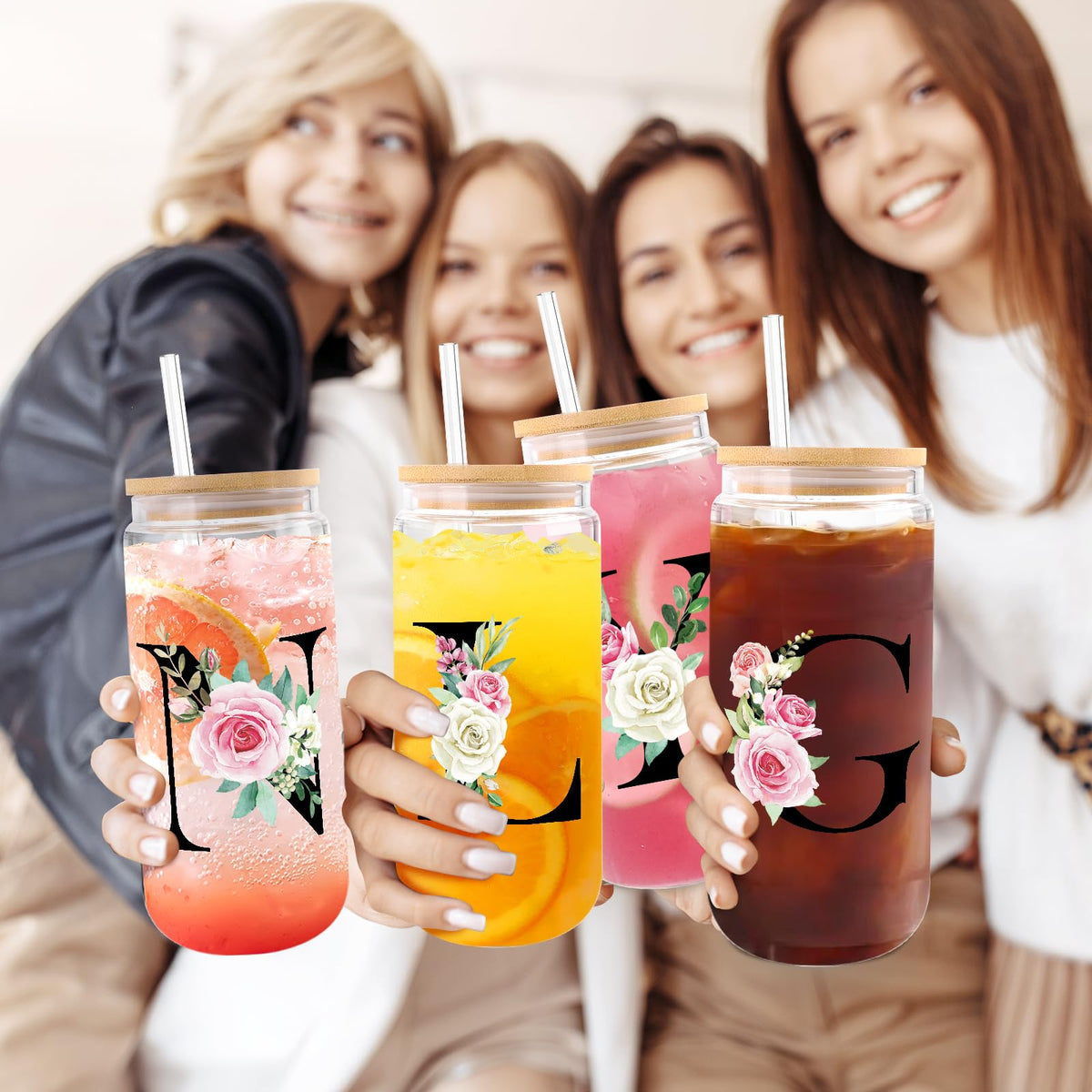 WINOWIMO Initial Glass Cups with Lids and Straws, Personalized Gifts for Women, Iced Coffee Cup Glass Tumbler, Birthday Bridesmaid Proposal Inspirational Customized Gifts for Her Girls (S)