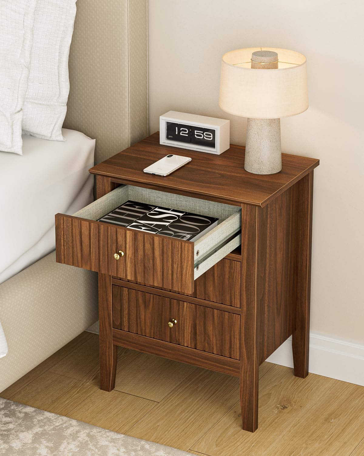 Apetaccat Nightstand Vintage, Fluted Night Stand Tall Farmhouse Beside Table with 3 Drawers, Mid Century Modern Side Accent Table,Bedside End Table for Bedroom, Walnut