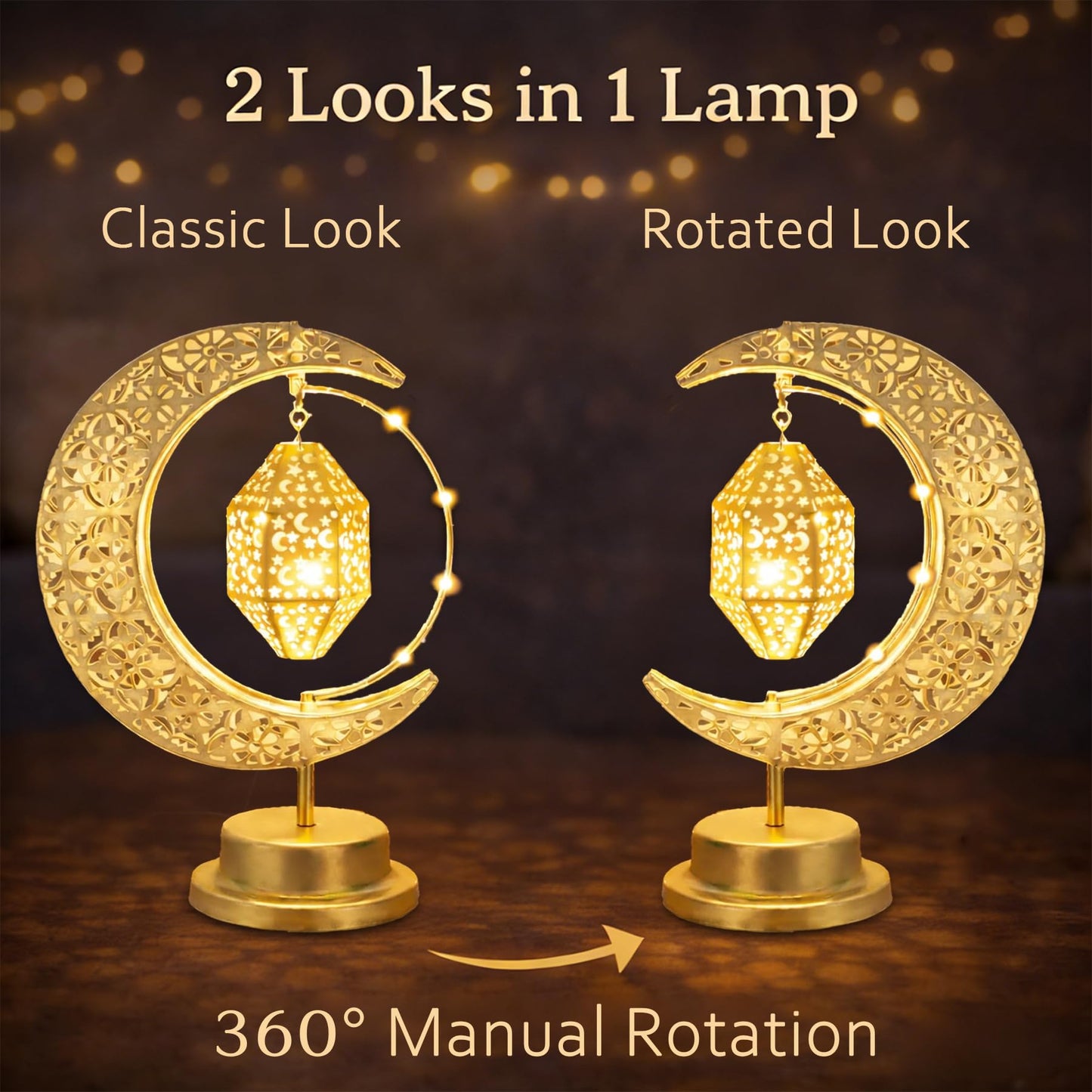 Lifnatty Ramadan Moon Lamp Decorations, Crescent Moon with Ramadan Lantern, Rotating Ramadan Table Lamp, Ramadan Decorations for Home, Eid Mubarak Decorations, Battery Operated Metal Eid Gifts