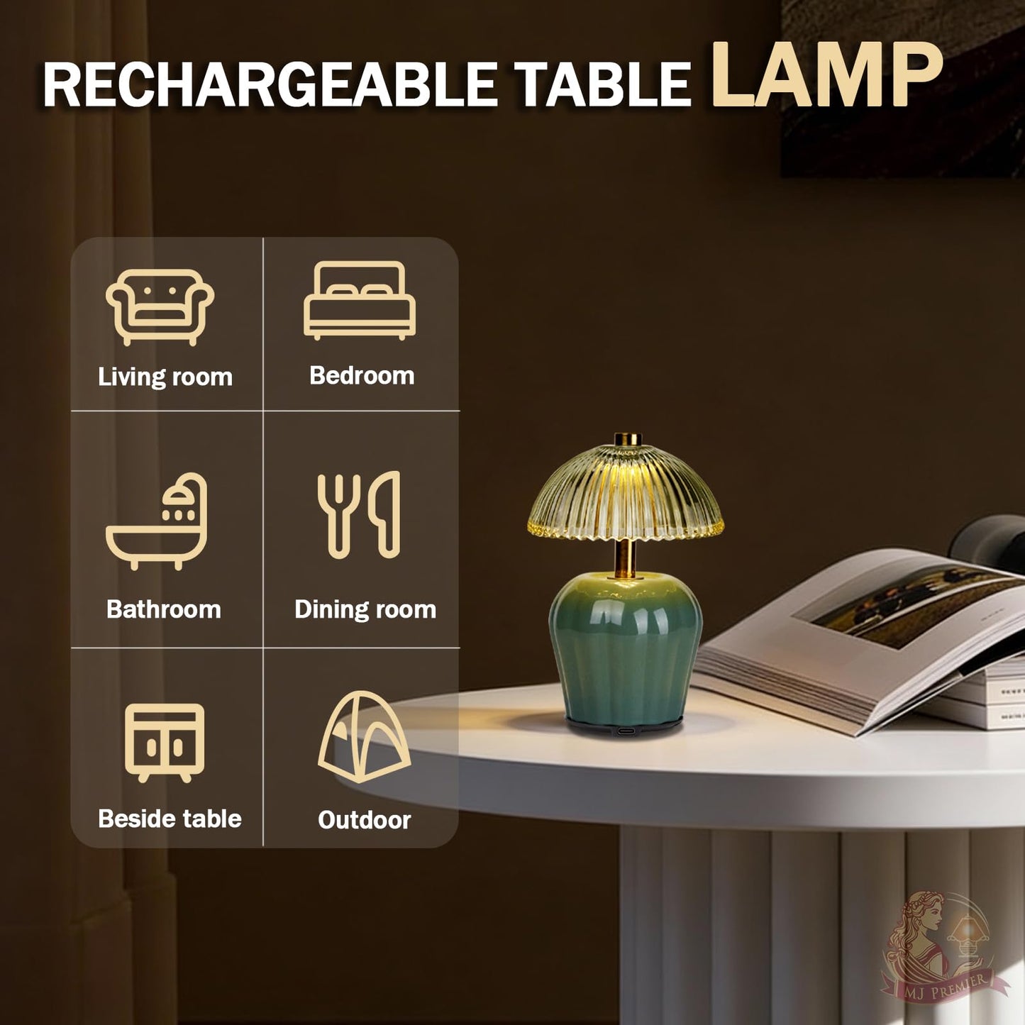 MJ PREMIER Rechargeable Table Lamp, Cordless Lamp with Timer, Mini Glass Mushroom Lampshade, Small Table Lamps, Decorative Led Light for Bedroom Living Room Shelf (Green)