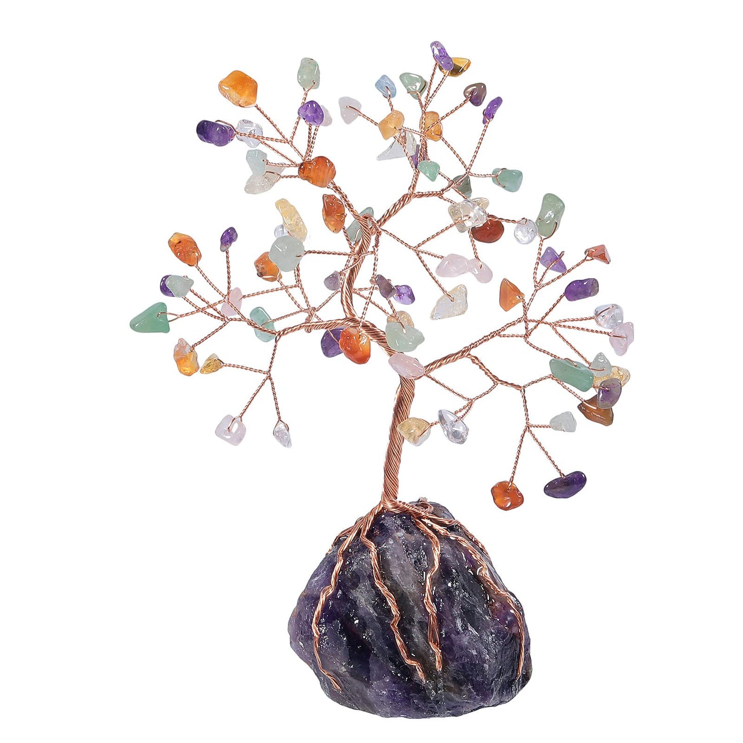 Rockcloud Crystal Money Tree with Irregular Raw Amethyst Crystal Cluster Base, Copper Wire Lucky Bonsai Tree for Desktop Office Home Decor, Mixed Stones