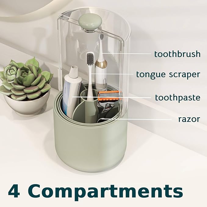 Toothbrush Holder with Cover 360 Rotating 4 Compartments Bathroom Toothpaste