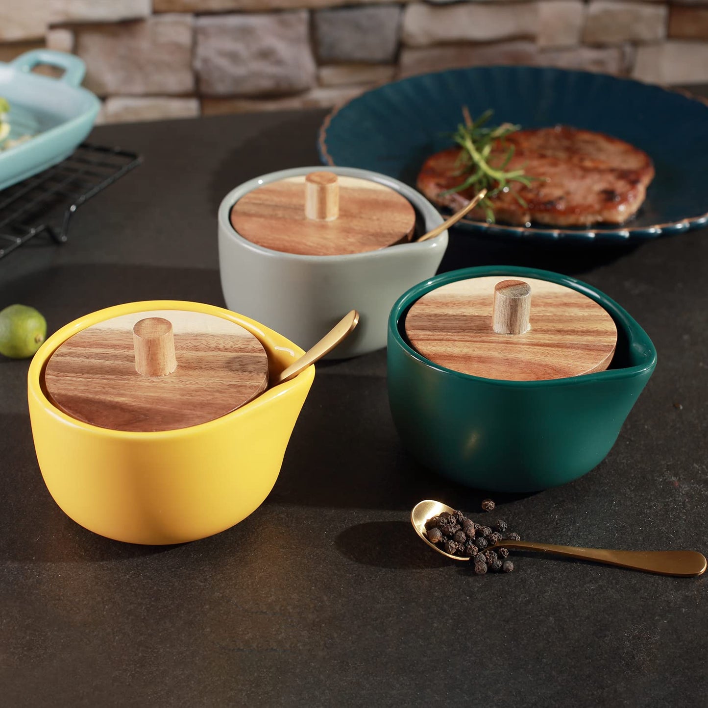 everous Salt Box base grey color Salt Cellar Elegant Design salt Boxes Big Capacity Wood lid grey Ceramic Base with spoon salt pot