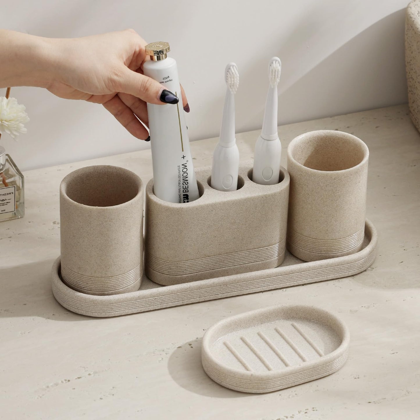 WUUAHOME Bathroom Accessories Set, 4 pcs Toothbrush Holders Set Included 3 Slots Electric Toothbrush and Toothpaste Holder Stand, 2 Tumblers & Tray for Bathroom Countertop Sink Modern Decor (Beige)