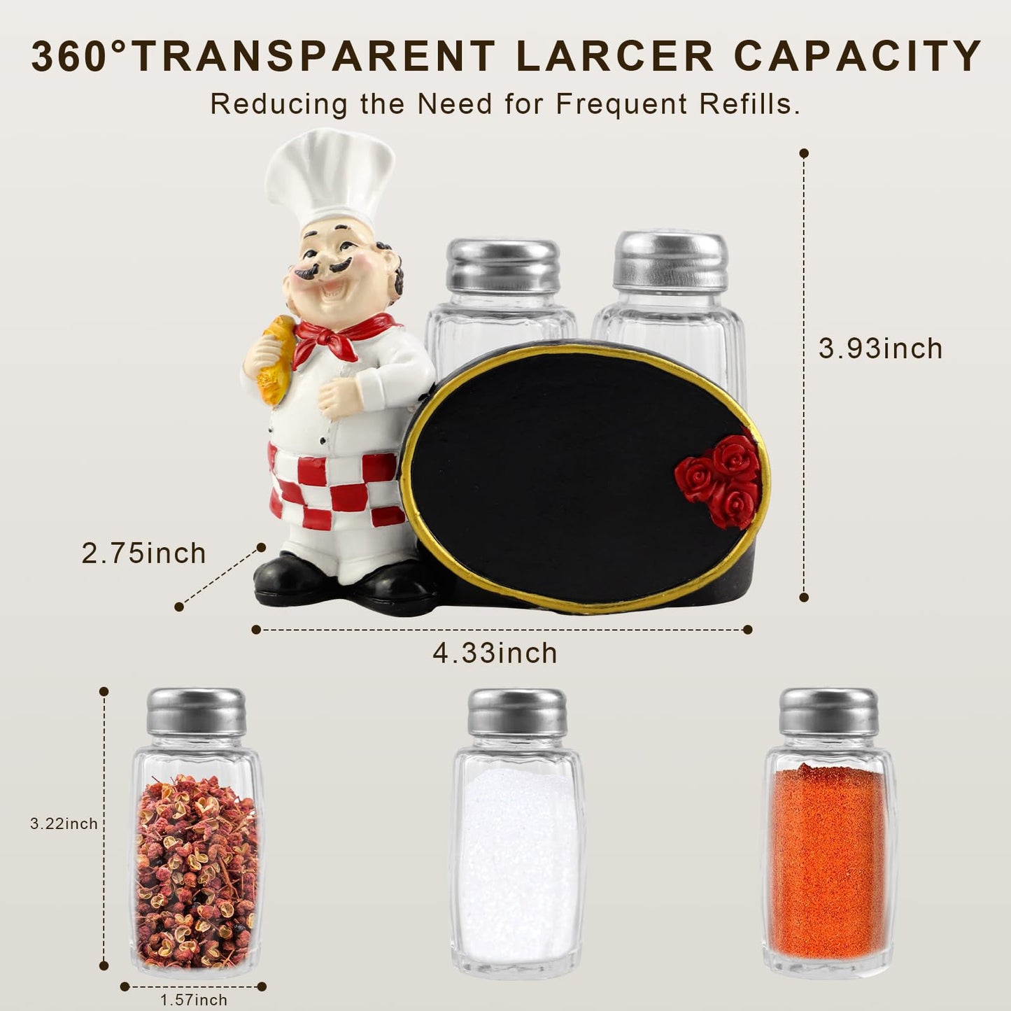 Chef Salt and Pepper Shaker Set with Chalkboard Holder, Cute Kitchen Seasoning Dispenser, Glass Salt Pepper Shakers for Dining Table, Kitchen Counter Decor, Restaurant Style Spice Set