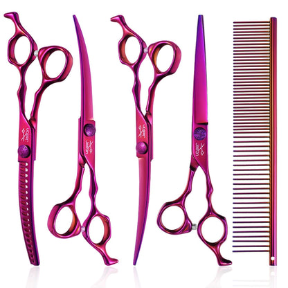JASON Dog Grooming Scissors Set - Professional 6 in 1 Dog Shears Set - 7" Curved Chunker, 7" Straight, 7" Up-Curved, 7" Down-curved Scissors and Comb for Dog Cat Pet with Adjustable Screw
