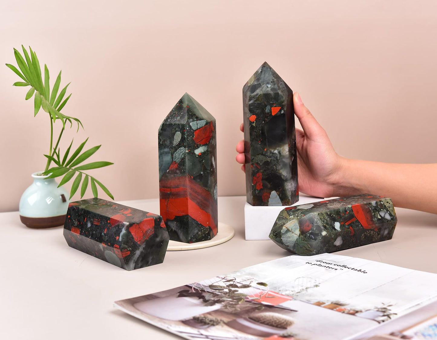 AMOYSTONE Healing Stone Tower Large African Bloodstone Healing Crystal Wand Hexagonal Point Obelisk Irregular 2-2.5 LBS, Spiritual Meditation, Reiki Chakra Gemstone Home Decor