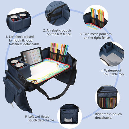 Becko US Children’s Travel Toy Tray Kids’ Car Seat Snack, Game Tray Activity Table for Stroller, Car, Airplane, Road Trip with Doodle Mat, Foldaway & Portable