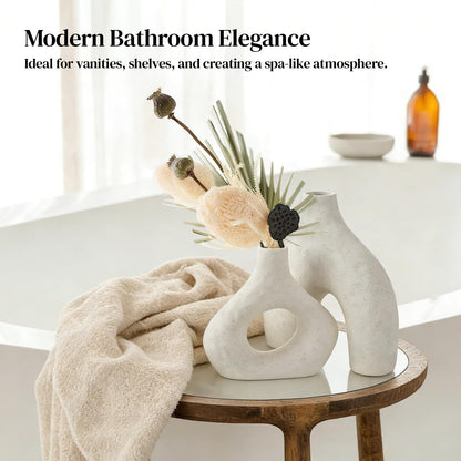 DOWAN Ceramic Vase Set of 2, 7.6" Decorative Pampas Vase for Home Decor, Modern Farmhouse Pottery Vase for Living Room Coffee Table Kitchen Bedroom Desk Entryway Mantel Book Shelf, Soft White