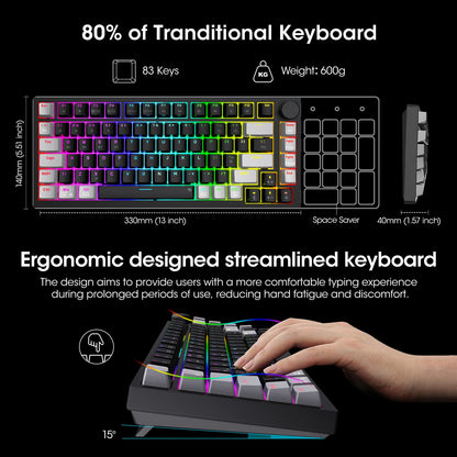 KOORUI Gaming Keyboards, 26 RGB Backlit Mechanical Keyboard Wireless/Wired Compatible Bluetooth 82 Keys Rechargeable 4000mAh Battery UK Layout Gamer Keyboards for Windows MacOS Linux (Brown Switch)