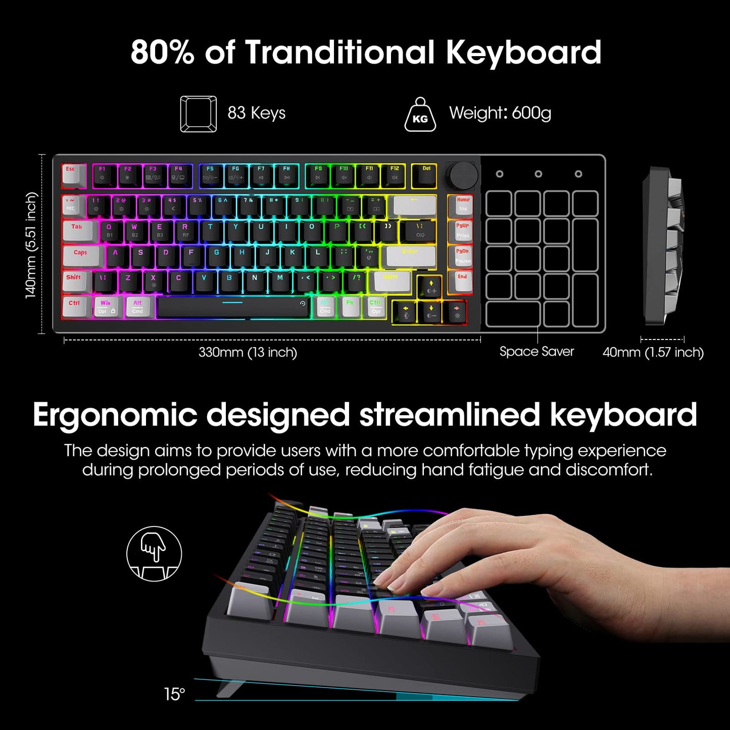KOORUI Gaming Keyboards, 26 RGB Backlit Mechanical Keyboard Wireless/Wired Compatible Bluetooth 82 Keys Rechargeable 4000mAh Battery UK Layout with Red Switch Gamer Keyboards for Windows MacOS Linux