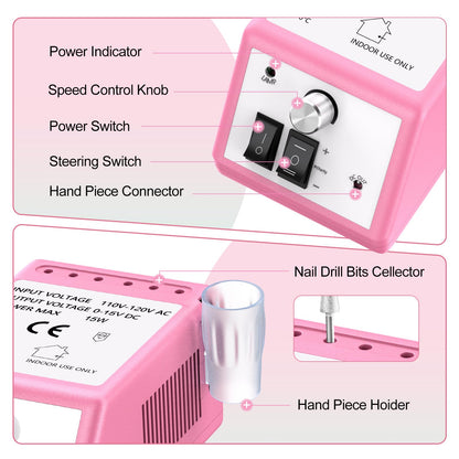 20000RPM Electric Nail Drill Professional Nail File Drill Acrylic Nails Kit for Manicure Gel Nail Polish Remover with 1 Pack of Sanding Bands(Pink)