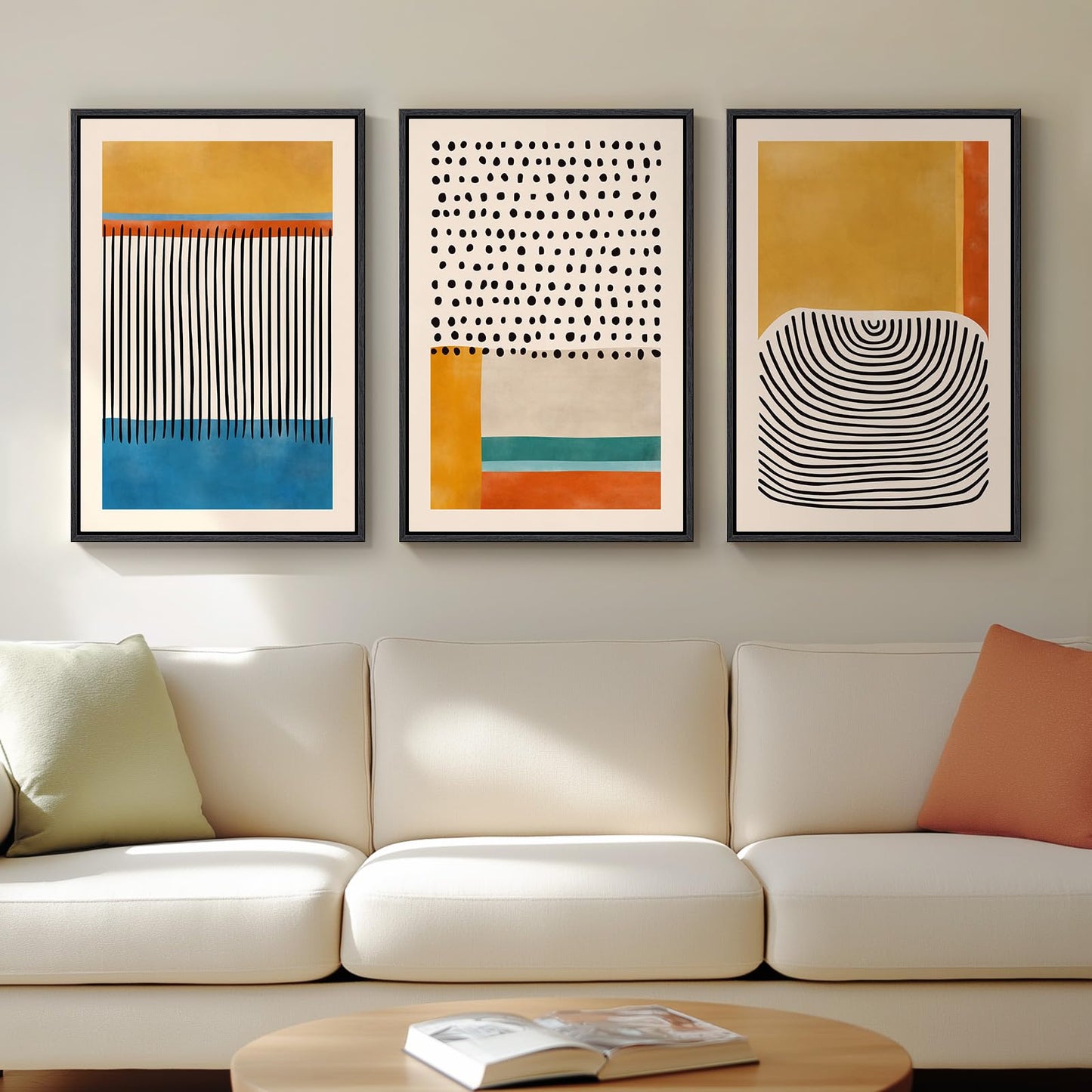Framed Boho Sage Green Wall Art for Living Room, Large Mid Century Modern Tropical Leaf Canvas Artwork for Walls, 3 Piece Beige Orange Bohemian Wall Art Prints for Bedroom Kitchen Hallway, 16x24 Inch