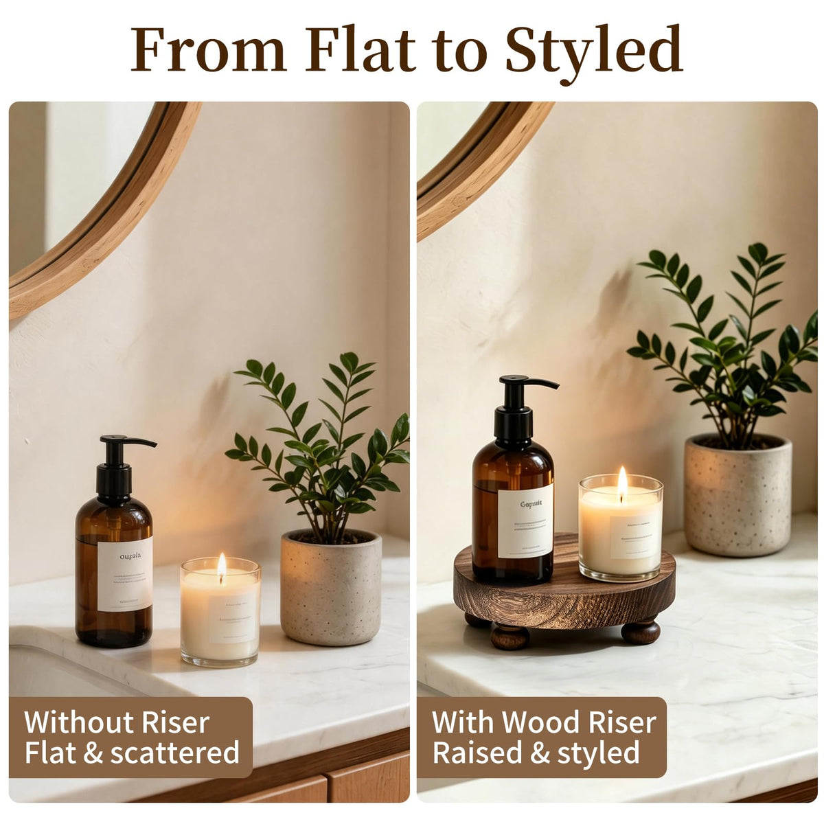 Romadedi Farmhouse Wood Riser for Display- 2 pcs Rustic Decor Mini Wooden Pedestal Decorative Round Tray for Home Table Bathroom Counter Shelf Kitchen, Brown
