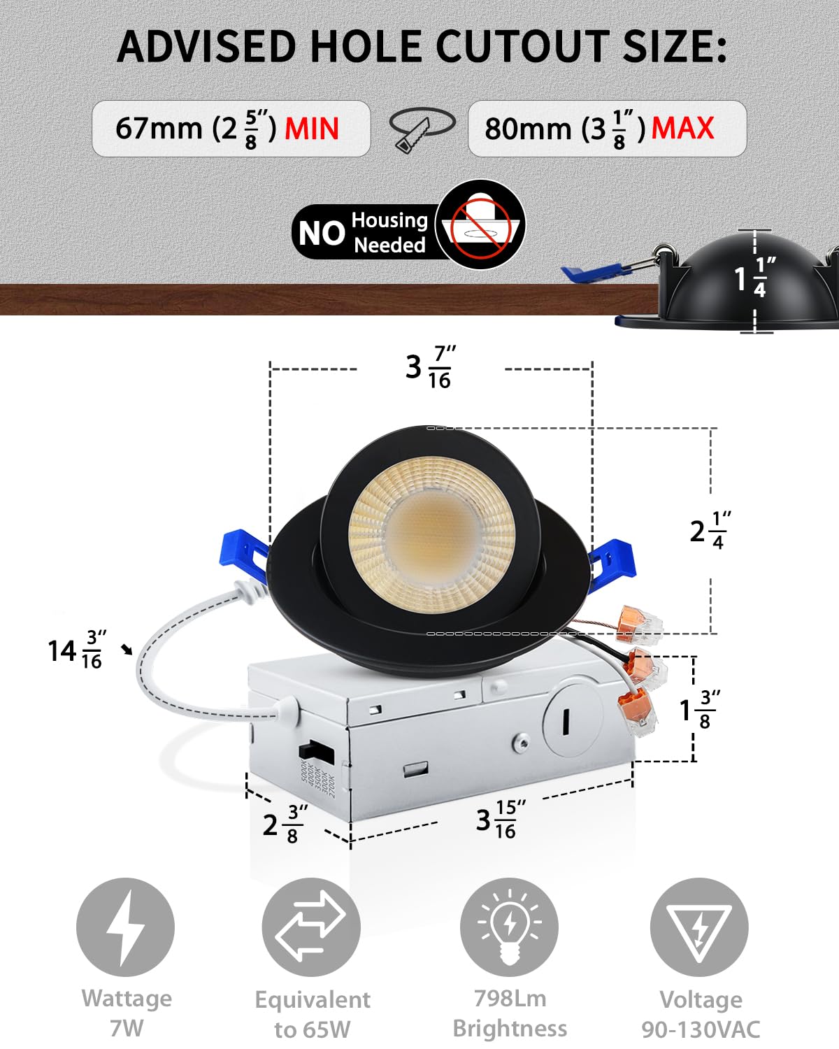 Adetu 3 Inch Gimbal Black Led Recessed Lighting, 360°+90° Adjustable Directional Led Recessed Lights, 2700K/3000K/3500K/4000K/5000K Dimmable Retrofit Eyeball Can Lights with Jbox,ETL (Black, 1 Pack)