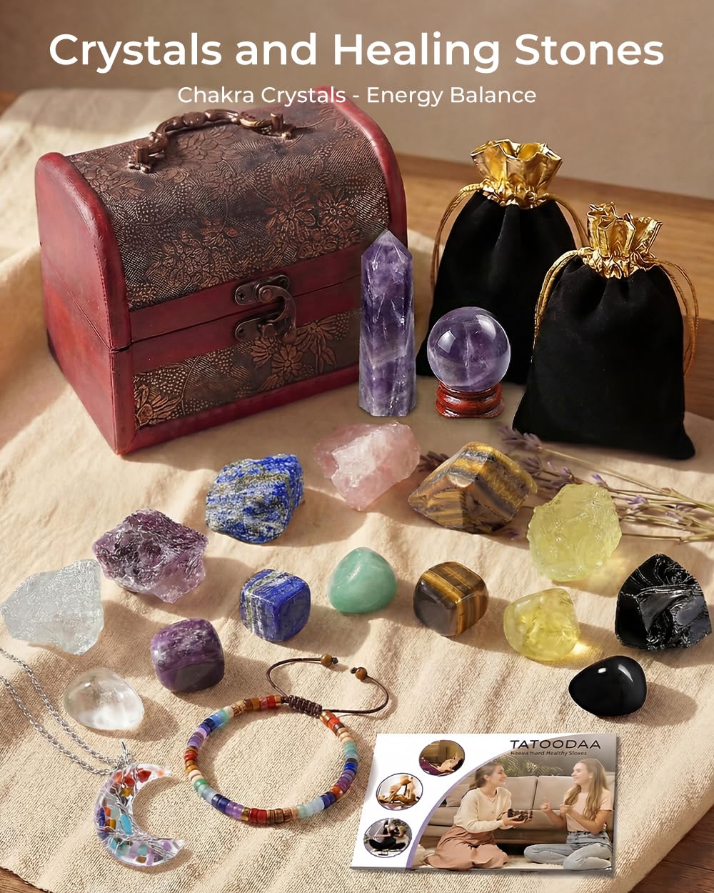 Chakra Healing Crystals Set - Crystals and Healing Stones, Chakra Bracelets, Amethyst Crystal Wand and Ball, 7 Chakra Stones Set, Energy Balance and Protection, Relief Anxiety Stress Gifts for Women