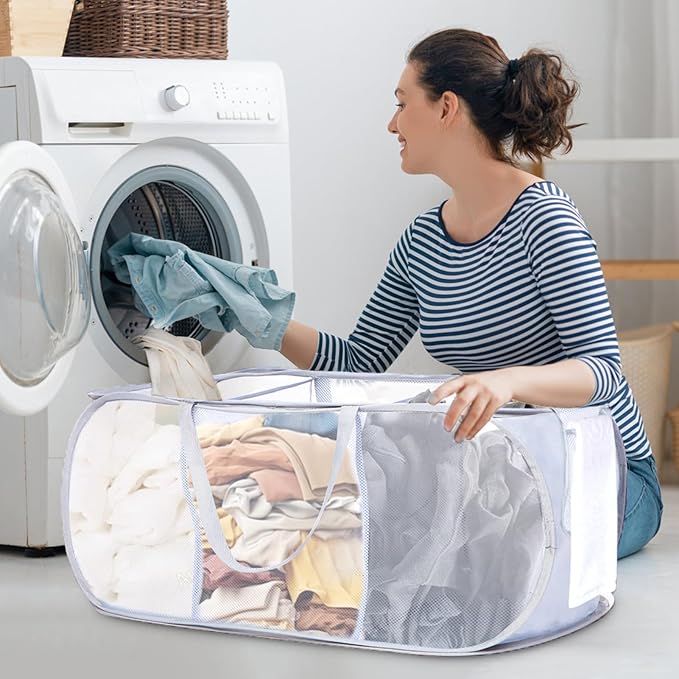 Durable Collapsible Foldable Mesh Pop Up Laundry Basket, 3 Compartments Easy to