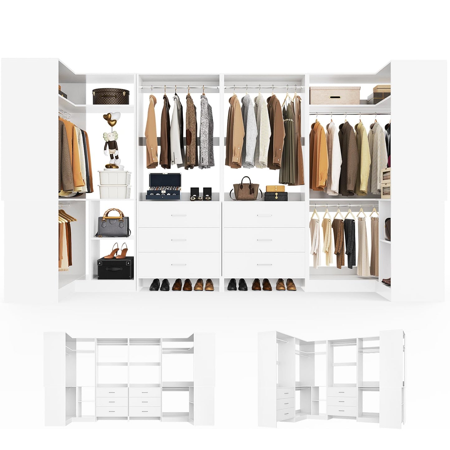 Aheaplus Closet System with 6 Drawers, 6 Hanging Rods & Corner Tower, Corner Closet System with Hanging, 112.5" U-Shaped Walk-In Wardrobe Organizer, 2000+ lbs Capacity, Set of 4, -U4, White