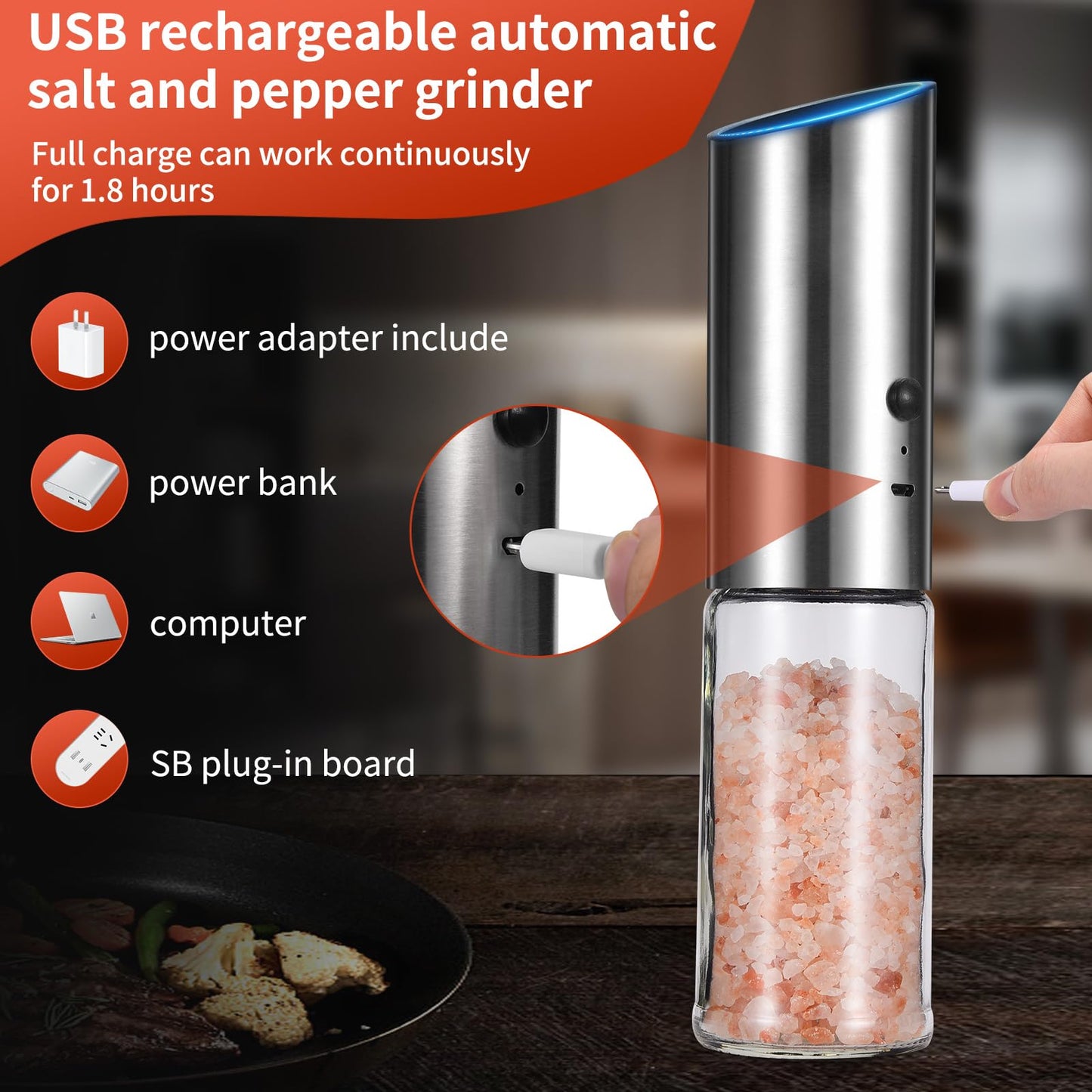 Electric Salt and Pepper Grinder Set - USB Rechargeable Gravity Salt and Pepper Shakers, Automatic Glass Mill with Adjustable Coarseness, LED Light, One-Hand Operation for Kitchen & Dining